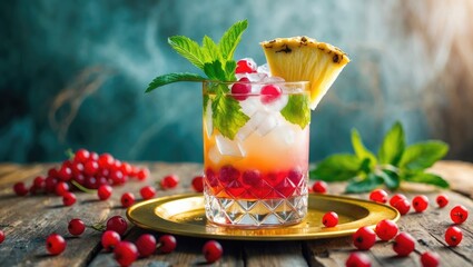 A refreshing cocktail with pineapple, mint, and red berries served on a gold plate with scattered red berries around.