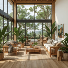 Obraz premium The 3D render illustration showcases a sustainable living room interior design that incorporates natural elements.