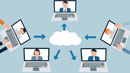Online meeting with cloud connection showing laptops and people in a virtual conference call setup