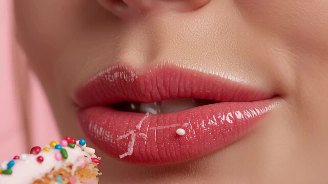Glossy lips biting colorful sprinkled cake slice with creamy frosting, joyful mouth and teeth enjoying sweet dessert indulgence captured in 4K Ultra HD Detail