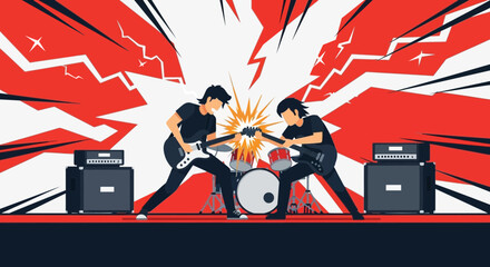 Energetic Guitarists Performance Clash On Stage With Drumset And Amplifiers