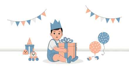 Fototapeta premium Adorable First Birthday Celebration With A Cute Baby Holding Gift Box