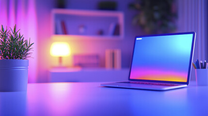 modern workspace featuring laptop with vibrant screen, potted plant, and ambient lighting creates serene atmosphere for productivity