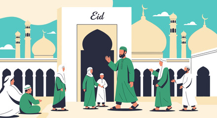 Eid Mubarak Celebration With People Greeting And Mosque Background Illustration