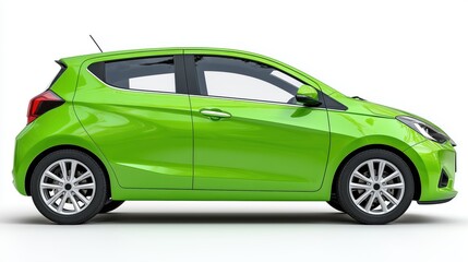 Obraz premium Sleek Green Compact Car Side View on White Background for Automotive Design