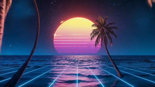 Synthwave palms reflecting on neon grid at sunset.