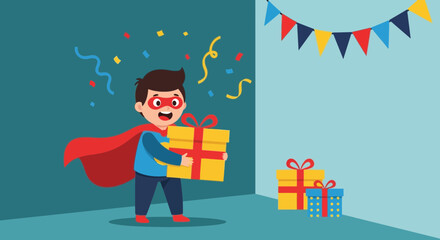 Cartoon Superhero Boy Celebrating Birthday With Wrapped Gifts And Colorful Confetti