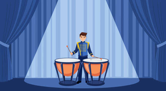 Cartoon Timpanist Performing On Stage With Blue Curtains And Spotlight Illustration