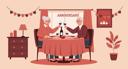 Elderly Couple Celebrating Anniversary with Festive Decorations and Red Wine Toast