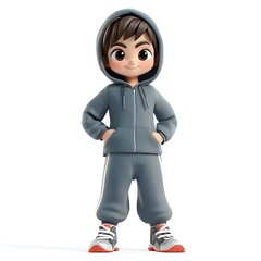 Cartoon boy character in a grey tracksuit with hands in pockets on white background looking at viewer with a smile and big eyes