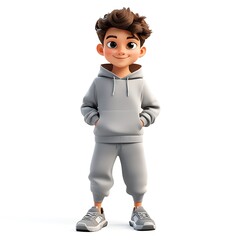 Smiling boy with brown hair wearing gray hoodie and sweatpants standing confidently against a white background in a casual pose