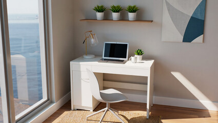 Modern Office Desk with Laptop, Minimalist Workspace and Home Office Setup