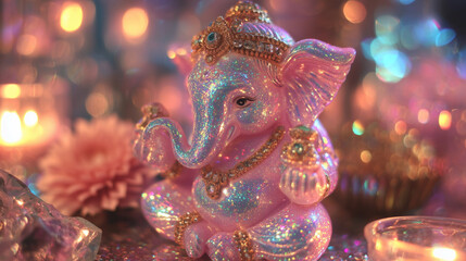 glittering sculpture of Ganesha with glowing bokeh lights &mdash; perfect for Diwali-themed designs, spiritual posters, or yoga and mindfulness visuals