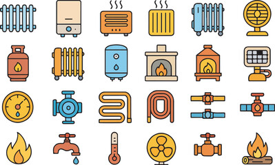 A Set of Color Line Icons for HVAC and Heating Equipment