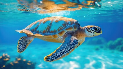 Obraz premium Sea turtle swimming underwater with vibrant blue water and sunlight reflections. Marine life and aquatic creatures. The concept of marine conservation and ocean ecology.