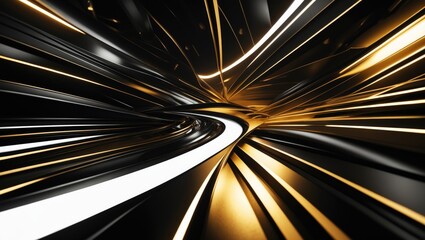 Abstract tunnel of light with black and gold lines, motion blur, high-speed travel, futuristic technology, dynamic movement.