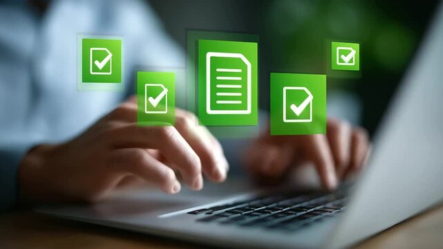 A person multitasking on a laptop and tablet with digital document icons hovering above.