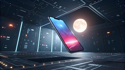 Futuristic Smartphone in Space with Moon Over a Cosmic Landscape