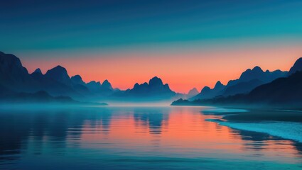 Fototapeta premium Sunset over mountains and water landscape with reflections and a colorful sky. Nature and scenic view. Peaceful and tranquil environment.