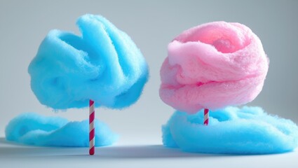 Colorful cotton candy hold on striped sticks, one blue and one pink, on a plain background.