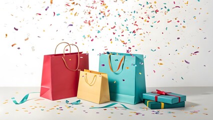 Colorful Shopping Bags and Gift Boxes with Party Confetti Background