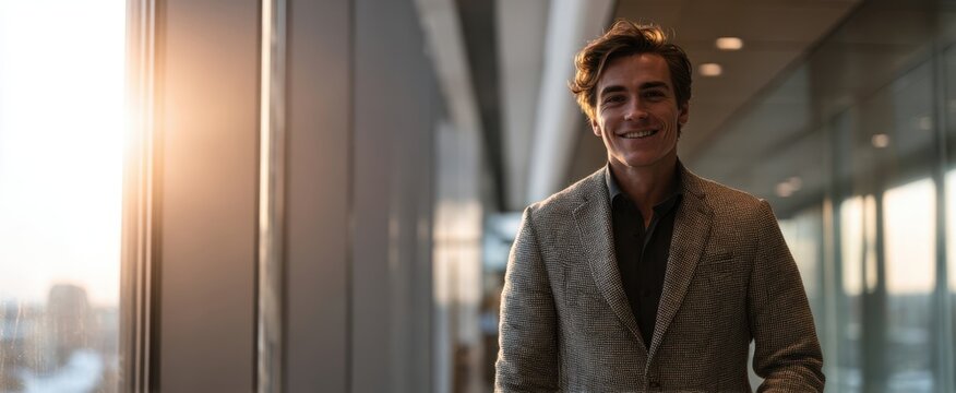 The confident young man smiling in a sunlit office environment.