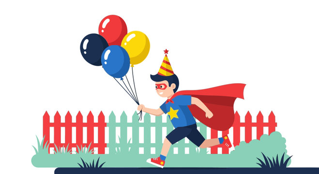 Celebrating Childhood Running With Balloons On Birthday Party Fun Day