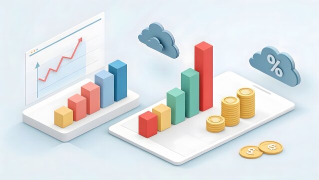 3D Illustration of Financial Growth with Bar Graph and Coins