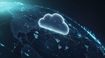Cloud computing technology concept with a large wireframe cloud over a world map