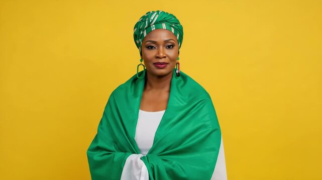 Elegant middle-aged Nigerian woman wrapped in the national flag. Proud African lady in a traditional headwrap smiling against a yellow background.