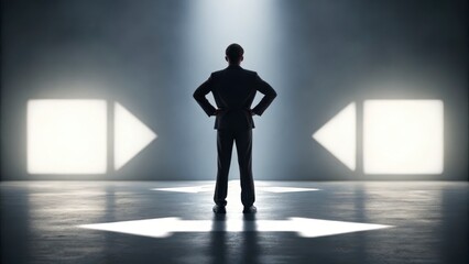 Obraz premium Businessman Contemplating Decisions in a Dark Studio with Dramatic Lighting and Arrow Shadows on Floor