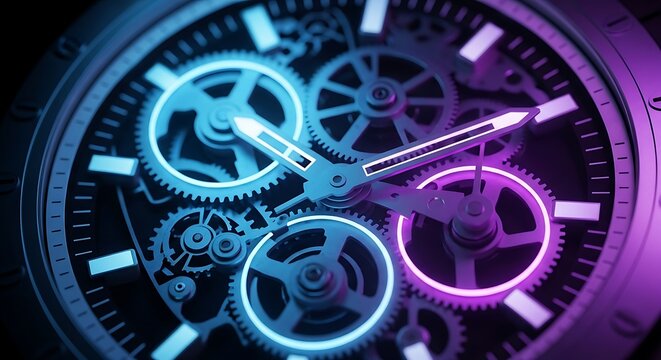 Intricate watch mechanism glowing with neon blue and purple light timepiece gears