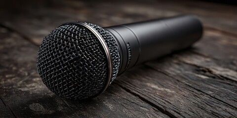 The close-up view of a professional microphone on a rustic wooden surface.
