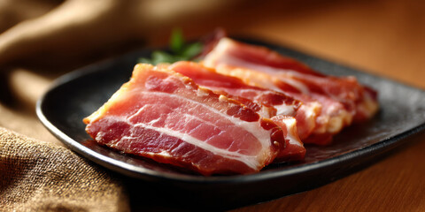 Fototapeta premium Raw bacon slice with visible fat on black plate close up macro shot with warm lighting and soft background