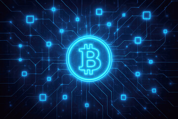 Glowing blue bitcoin symbol on digital circuit board cryptocurrency blockchain
