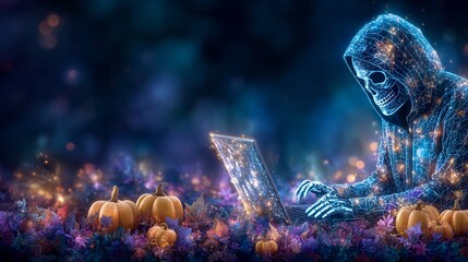 Cyber skeleton browsing online in surreal Halloween setting, glowing spooky pumpkins, dreamy Halloween background for ecommerce or digital art.