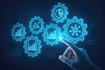 Glowing blue digital interface with interconnected gears and data visualizations