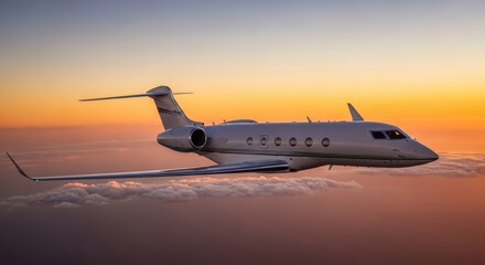 Private Jet Flying Above Clouds at Sunset for Luxury Travel