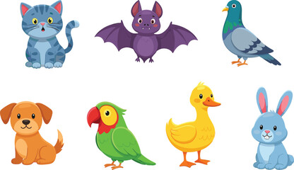 Cute Cartoon Animals Collection, Adorable Pet Characters, Wildlife Creatures Set, Children's Education Graphic, Diverse Animal Kingdom Illustration, Mammals Birds Design, Friendly Mascot Elements