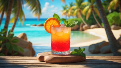 A tropical cocktail with fruit and mint garnish on a wooden table at a beachside setting with palm trees and blue ocean background.