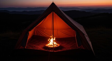 Single Glowing Fire in a Tent on a Hilltop at Night, close up low angle with dawn light