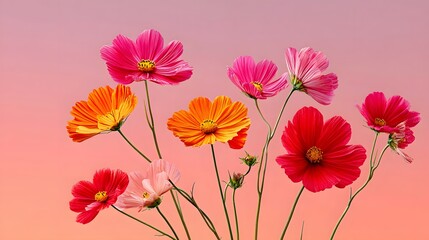 Colorful Cosmos Flowers Blooming During Sunset Against a Soft Gradient Sky Background