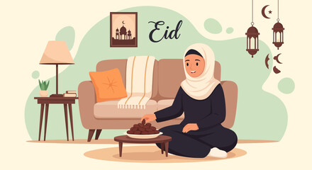Celebrating Eid Al Adha Woman In Hijab Enjoying Dates At Home Decoration