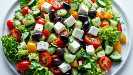 Fresh vegetable salad with feta cheese, cherry tomatoes, cucumbers, olives, and lettuce. Healthy and colorful dish for a nutritious meal.