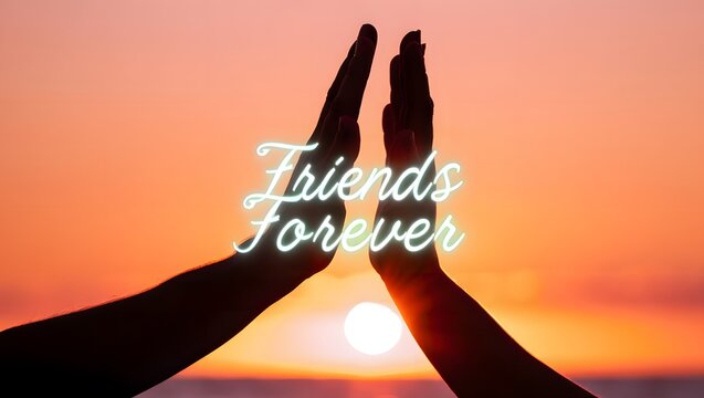 Two silhouetted hands giving a high five against a vibrant sunset sky with the words friends forever - Powered by Adobe
