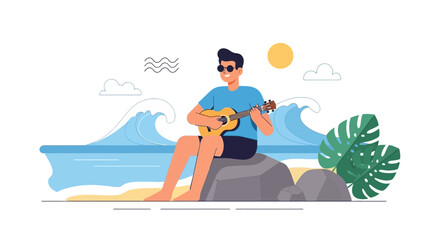 Beach Day Melodies: Man Plays Ukulele on Rocks by the Ocean Waves