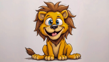 Fototapeta premium Smiling cartoon lion with big eyes and brown mane sitting on a plain background, front view, hand drawn
