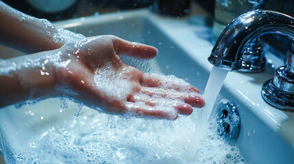 Fototapeta premium Man washing hands in bathroom sink at home checking temperature touching running water with hand. Closeup on fingers under hot water out of a faucet of a sink