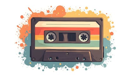 Vibrant Retro Cassette Tape Illustration with Colorful Paint Splatters