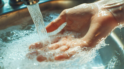 Fototapeta premium Man washing hands in bathroom sink at home checking temperature touching running water with hand. Closeup on fingers under hot water out of a faucet of a sink